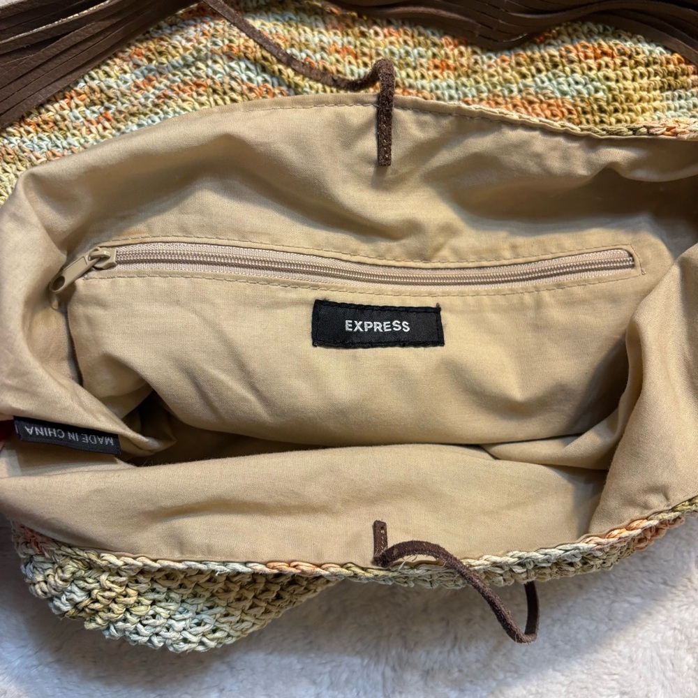 Express Knit Boho Bag Cream Orange Green Yellow Hobo Shoulder Bag Brown Straps - Picture 10 of 16
